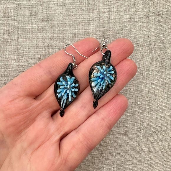 Artisan Lampwork Glass Teardrop Floral Dangle Earrings Black Blue Gold 2" - Picture 4 of 12